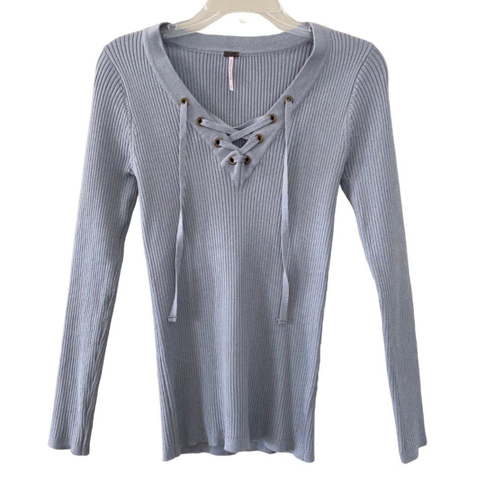 POOF Gray Long Sleeve Lace-Up VNeck Ribbed Sweater